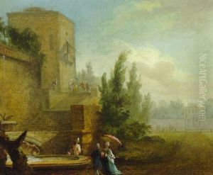 An Italianate Landscape With Elegant Figures By A Fountain Before A Villa by Hubert Robert