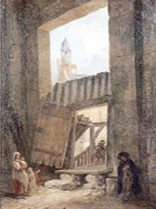 Personnages Dans Un Interieur Avec Vue Sur Le Clocher D'une Eglise by Hubert Robert
