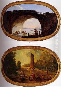 Landscape With Washerwomen Beneath An Arched Stone Bridge by Hubert Robert