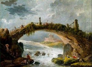 A Bridge Spanning Rapids Witth Washerwomen And Other Figures Below, A Castle Beyond