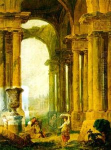 Landscape With Classical Ruins By A River With Washerwomen And Other Figures by Hubert Robert