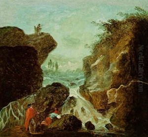 Rocky Landscape With Figures Resting Near Cascade by Hubert Robert