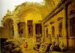 The Interior Of The Temple Of Diana, Nimes, With An Artist Sketching And Peasants Conversing by Hubert Robert