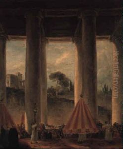 A Pontifical Procession Celebrating The Feast Of Corpus Christi, Rome by Hubert Robert