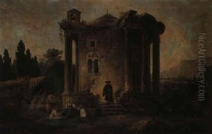 Italianate Landscape With Figures Before A Round Church