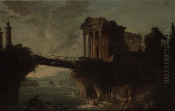 Un Temple Antique Et Un Pont En Ruine Avec Des Lavandieres - view 1