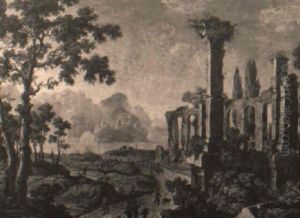 A Capriccio With Travelers And Ruins, An Island And Castle Beyond A Capriccio With Travelers And Ruins, An Island And Castle Beyond
