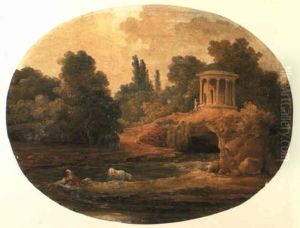 A River Landscape With A Washerwoman At Work Below A Temple... A River Landscape With A Washerwoman At Work Below A Temple...