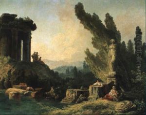 A Woman Fishing And Other Figures By Roman Ruins by Hubert Robert