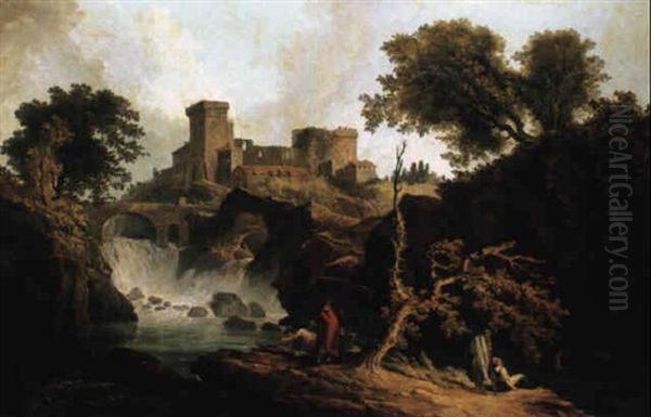 Landscape With A Waterfall, A Castle And Figures By The Side Of A Stream - view 1