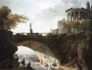 Les Lavandieres Sous Un Pont De Pierre, Pres Du Temple De Vesta by Hubert Robert