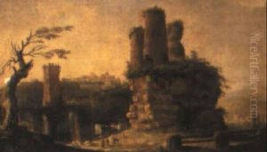 Landscape With Ruins, Women Drying Linene And Travellers On A Bridge by Hubert Robert