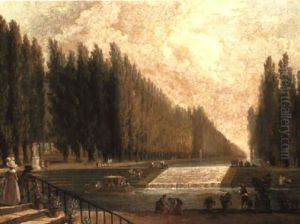 The Park Of A Country Villa With Figures Promenading Near A Cascade by Hubert Robert
