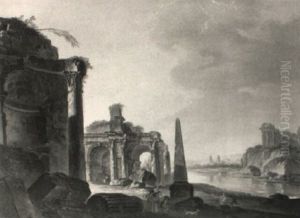 A Capriccio Landscape With Antique Ruins And Figures by Hubert Robert