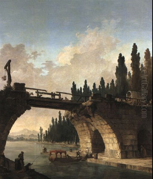 Cart Crossing A Ruined Bridge Over A River With A Family Boarding A Barge - view 1