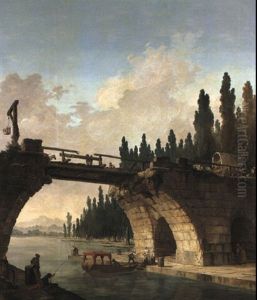 Cart Crossing A Ruined Bridge Over A River With A Family Boarding A Barge Cart Crossing A Ruined Bridge Over A River With A Family Boarding A Barge