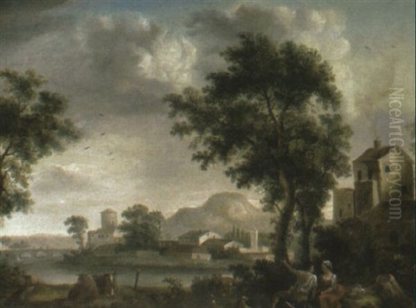 Italianate Landscape With A Shepherd And A Maid Resting By A River - view 1