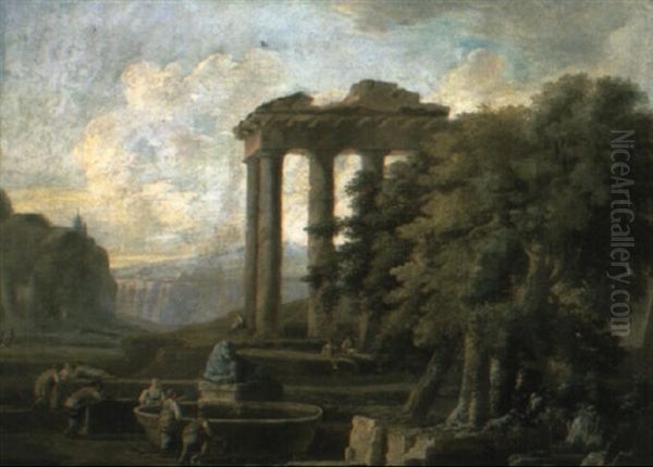 A Classical Landscape With Peasants By A Fountain And A Ruined Portico - view 1