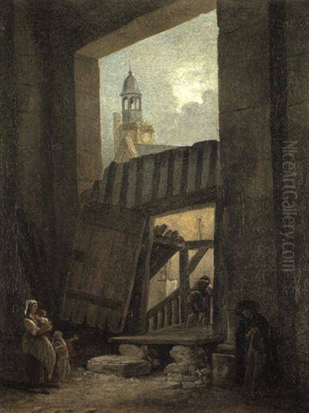 Personnages Devant Une Porte Monumentale, Le Clocher D'une Eglise Derriere - view 1