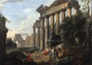 Sich Unterhaltende Gesellschaft Vor Einer R"mischen Ruinenlandschaft by Hubert Robert