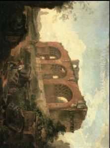 Figures On A Path Before The Basilica Of Constantin by Hubert Robert