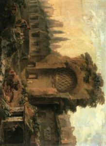 Figures Resting On A Rock Before The Temple Of Venus With   The Convent Of Santa Francesca Romana Beyond