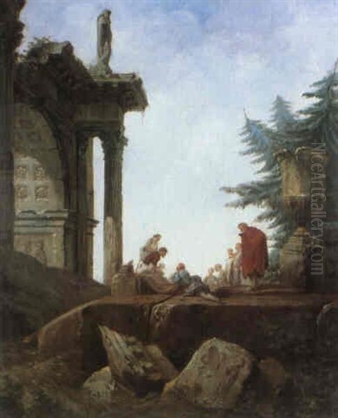 Joueurs De Cartes Devant Un Temple En Ruines - view 1