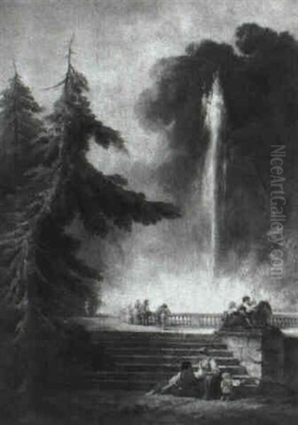 Figures Resting In A Formal Garden With A Fountain - view 1