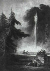 Figures Resting In A Formal Garden With A Fountain by Hubert Robert