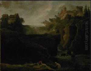 Paysage De Cascade Avec Lavandieres by Hubert Robert