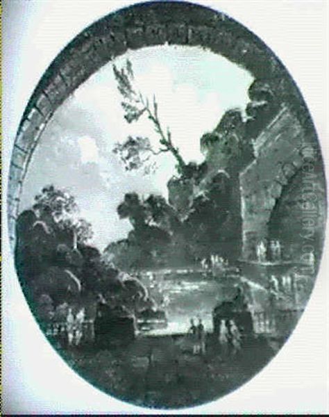 Paysage Avec Personnages Autour D'une Piece D'eau - view 1