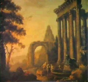 A Capriccio With The Temple Of Concordia, The Arch Of Titus And The Pyramid Of Caius Cestius by Hubert Robert