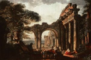 Italian Peasants Resting Among Roman Ruins (2) by Hubert Robert