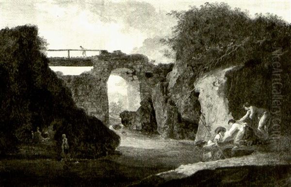 A Footbridge Over A River With Figures Along The Banks - view 1
