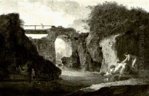 A Footbridge Over A River With Figures Along The Banks A Footbridge Over A River With Figures Along The Banks