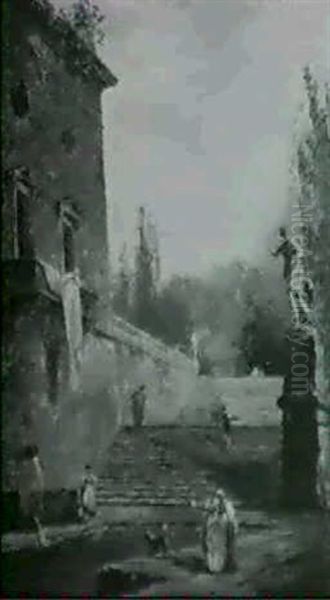 Figures By A Water Basin In The Grounds Of A Ruined Mansion - view 1