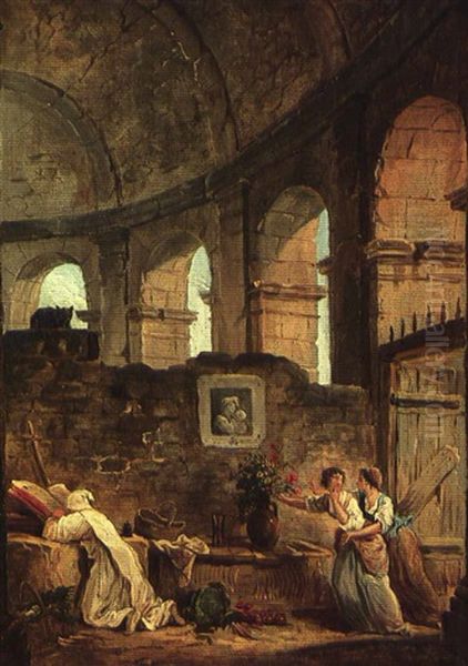 A Praying Monk In A Ruined Amphitheatre With Two Women Stealing Flowers From A Vase - view 1