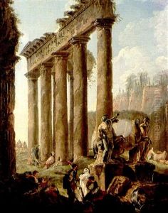 Figures In A Landscape With Ruins And Statues Of Castor And Pollux by Hubert Robert