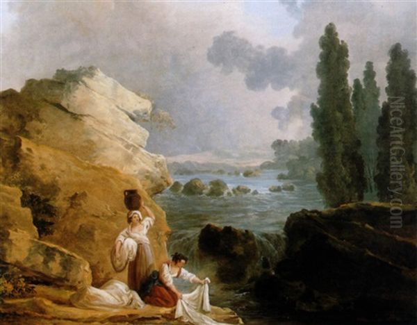 Two Women Washing By A Cascade - view 1