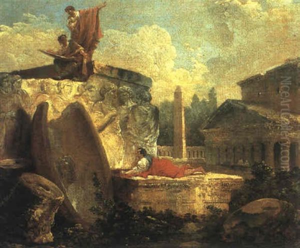Dessinateurs Dans Un Paysage Avec Ruines Antiques - view 1
