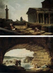 Washer Women And Fishermen Beneath An Arch And Figures In   A Landscape With A Fountain And Classical Ruins