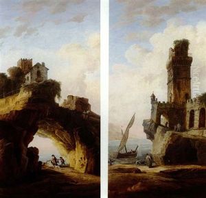 Shepherds In A Grotto Beneath A House And Figures By The Ruins Of A Castle On A Rocky Shore: A Pair Of Paintings by Hubert Robert