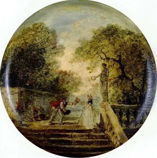 Figures On A Stone Staircase In A Formal Garden - view 1
