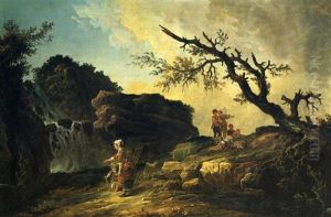 La Cascade (rocky Hillside With Peasants And Waterfall) by Hubert Robert