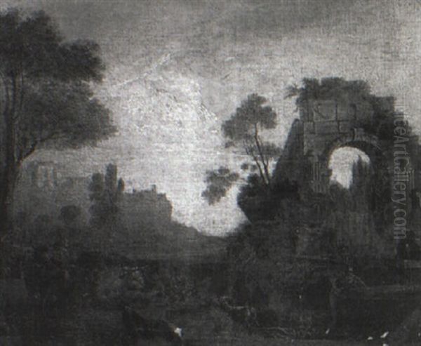 An Italianate Landscape With Peasants And Cattle By A Fountain - view 1