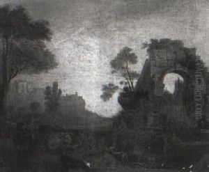 An Italianate Landscape With Peasants And Cattle By A Fountain by Hubert Robert