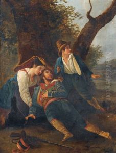 Verwundeter Brigant Mit Trachtenfrau Und Begleiter