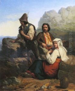 Zwei Briganten Und Junge Frau In Gebirgslandschaft Zwei Briganten Und Junge Frau In Gebirgslandschaft