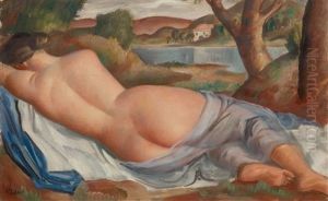 Baigneuse Couchee Au Voile Bleu by Paul Theophile Robert