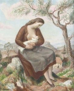 Landschaft Mit Stillender Frau by Paul Theophile Robert